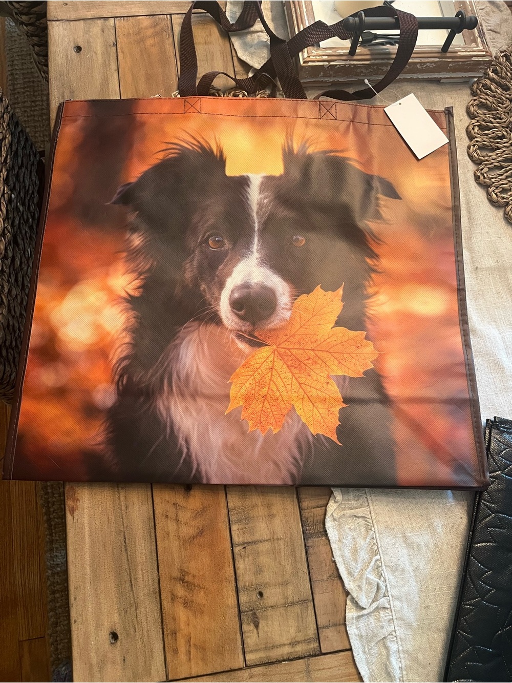 Reusable Tote Bag with Autumn Dog Print -